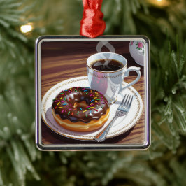 Chocolade Frosted Donut en Koffie Kerstmis Metalen Ornament