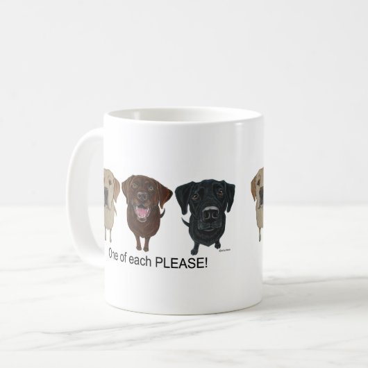 Chocolade, geel en zwart labrador Retriever Koffiemok (Voorkant links)