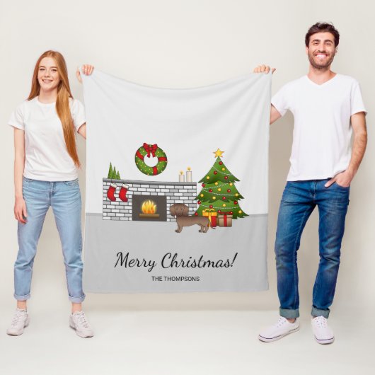 Chocolade Gladde Vacht Dachshund - Kerst Kamer Fleece Deken (In situ)