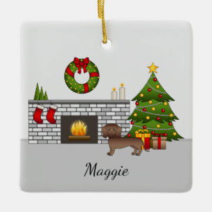 Chocolade Gladde Vacht Dachshund - Kerst Kamer Keramisch Ornament