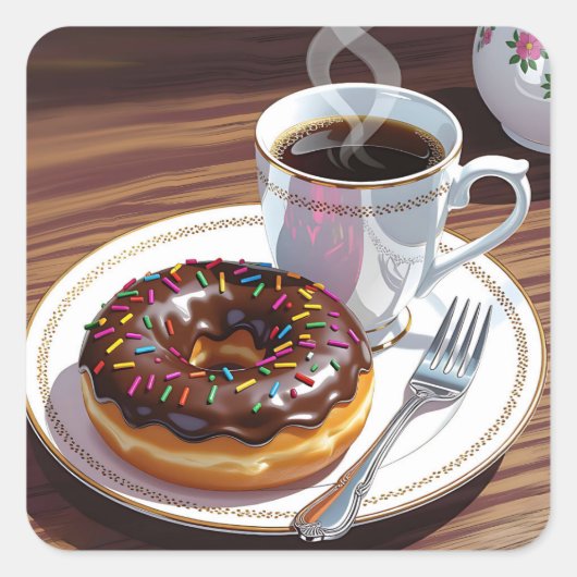 Chocolade Glazuur Donut en Koffie Vierkante Sticker (Voorkant)