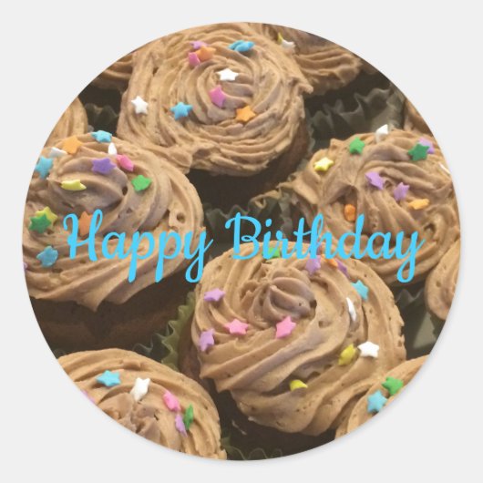Chocolade glazuur verjaardag cupcakes ronde sticker (Voorkant)