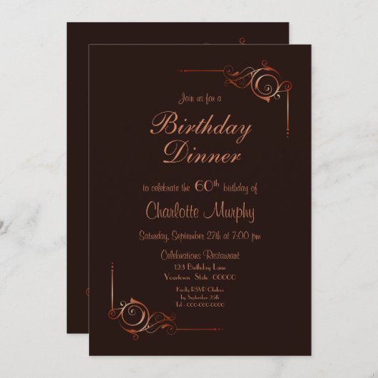 Chocolade Gold Floral Leaf 60e verjaardag Dinner Kaart (Voorkant / Achterkant)