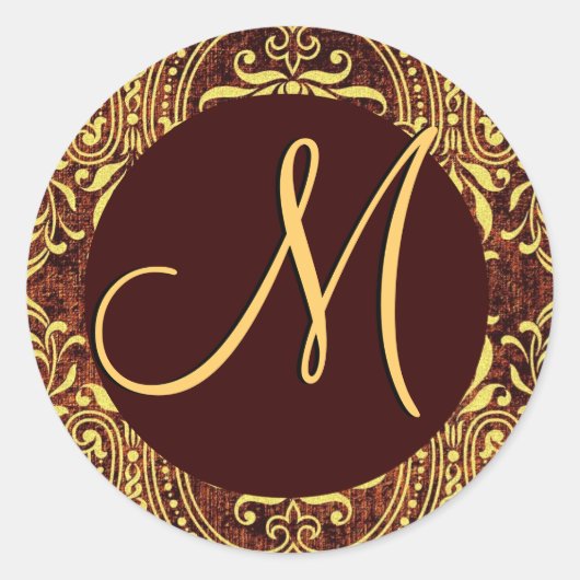 Chocolade Goud Monogram M Damask Bruiloft Sticker (Voorkant)
