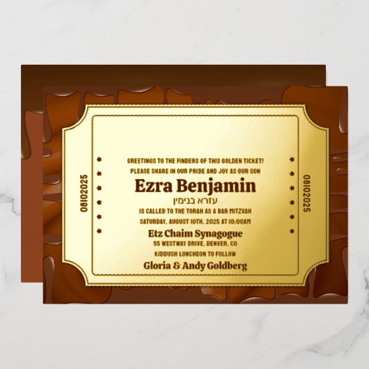 Chocolade Gouden Ticket Bar Mitzvah of Bat Mitzvah Folie Uitnodiging (Voorkant / Achterkant)
