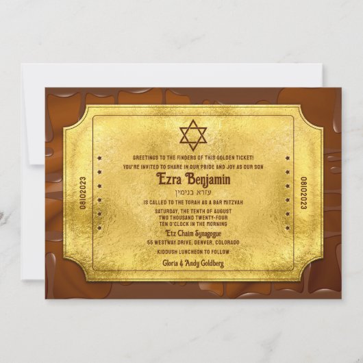 Chocolade Gouden Ticket Bar Mitzvah of Bat Mitzvah Kaart (Voorkant)