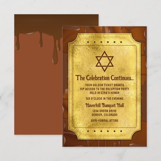Chocolade Gouden Ticket Bat Bar Mitzvah Receptie Informatiekaartje (Voorkant / Achterkant)