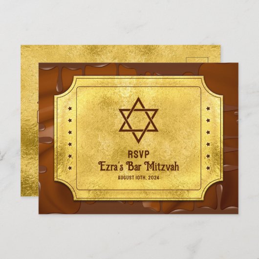 Chocolade Gouden Ticket Bat Bar Mitzvah RSVP Briefkaart (Voorkant / Achterkant)