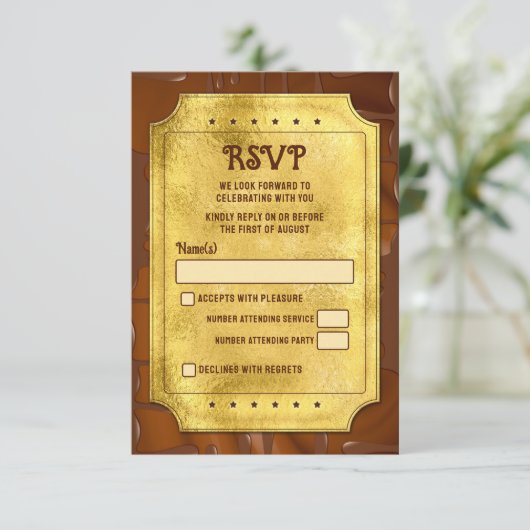 Chocolade Gouden Ticket Bat Bar Mitzvah RSVP Kaartje (Staand voorkant)