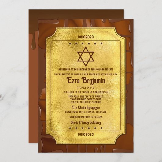 Chocolade Gouden Ticket Bat Mitzvah of Bar Mitzvah Kaart (Voorkant / Achterkant)