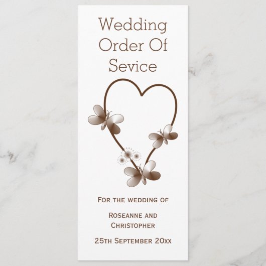 Chocolade hart en vlinders bruiloft programma programmakaart (Voorkant)