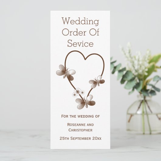 Chocolade hart en vlinders bruiloft programma programmakaart (Staand voorkant)