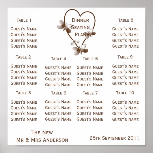 Chocolade hart en vlinders bruiloft zitplaatsen poster (Voorkant)