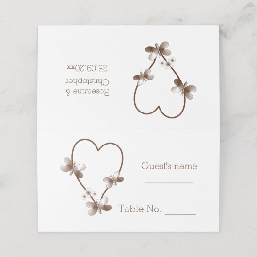 Chocolade hart en vlinders ontwerp bruiloft plaatskaartje (Buitenkant ongevouwen)