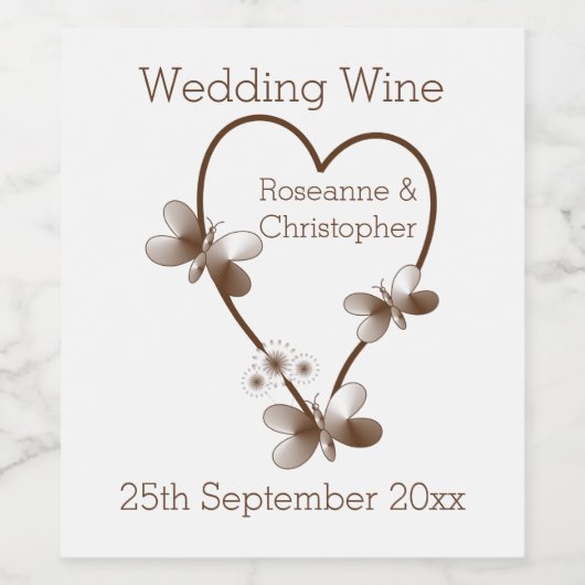 Chocolade hart en vlinders ontwerp bruiloft wijn etiket (Enkel label)