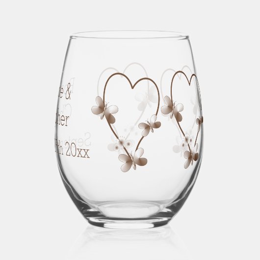 Chocolade hart en vlinders ontwerp bruiloft wijnglas zonder voet (Achterkant)