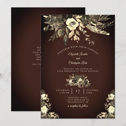 Chocolade Herfst Bruine Gedroogde Bloemige Bruilof Kaart (Voorkant / Achterkant)