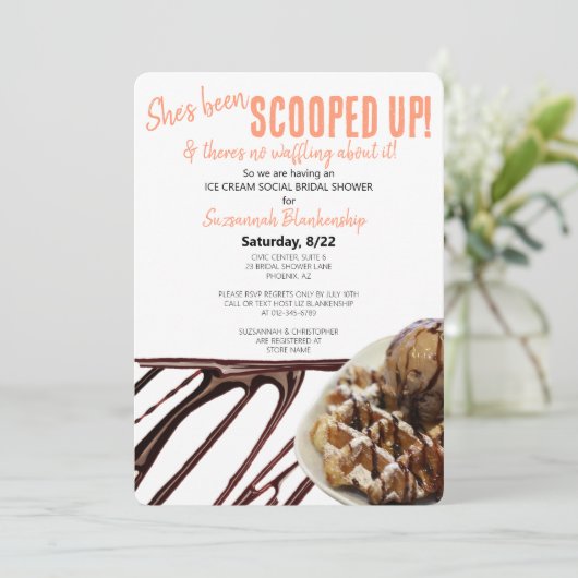 Chocolade Ijsbolletje Op Wafels Bruidsdiner Kaart (Staand voorkant)