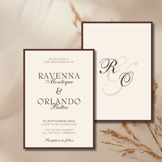 Chocolade ivoor monogram glamour | Oud geld bruilo Kaart