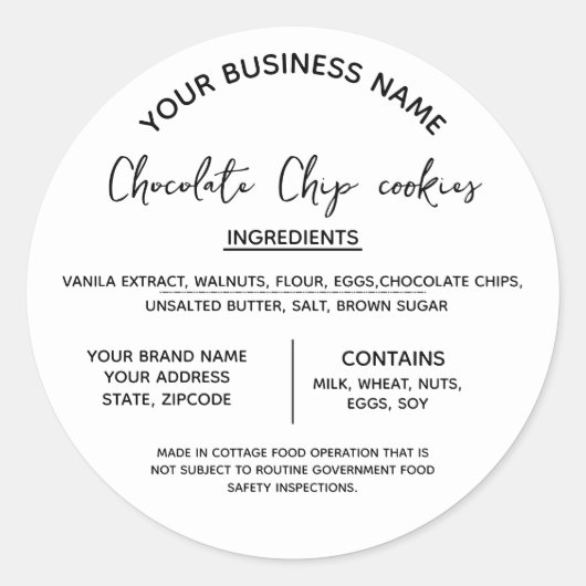Chocolade koekjes ingrediënten lijst bedrijf ronde sticker (Voorkant)