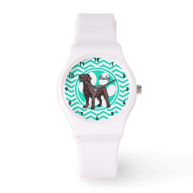 Chocolade Lab; Aqua Green Chevron Horloge (Voorkant)