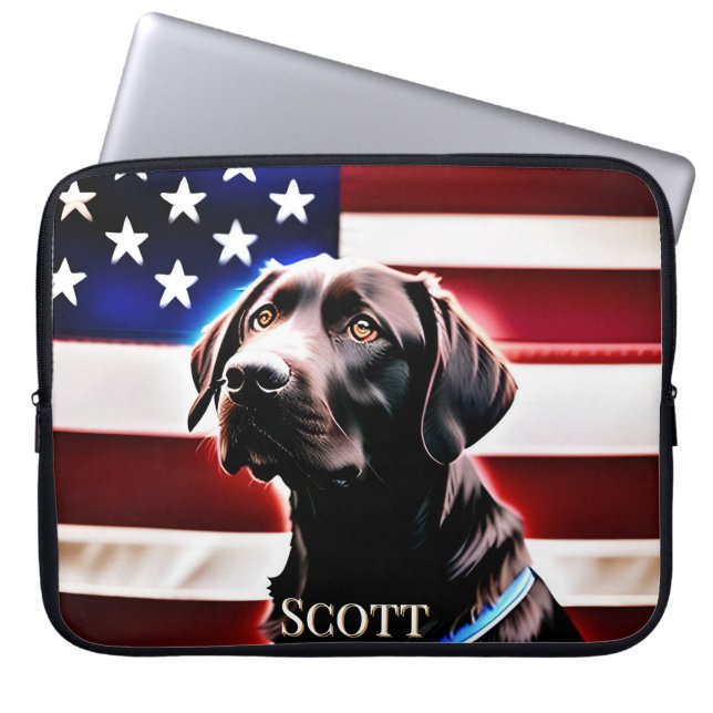 Chocolade Lab Dog met Amerikaanse vlag Laptop Sleeve (Voorkant)