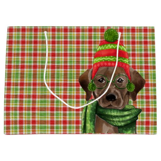 Chocolade Lab en rood met groene geruite kerst Groot Cadeauzakje (Voorkant)