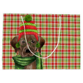 Chocolade Lab en rood met groene geruite kerst Groot Cadeauzakje (Achterkant)