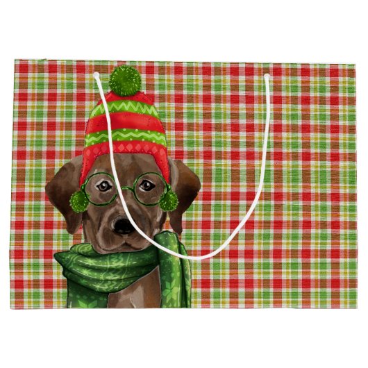 Chocolade Lab en rood met groene geruite kerst Groot Cadeauzakje (Achterkant)