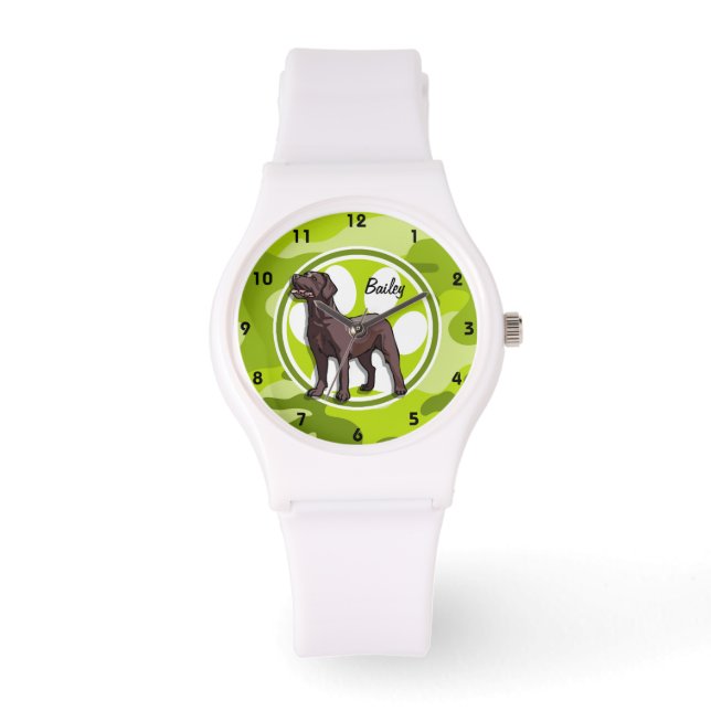 Chocolade Lab; felgroene camo, camouflage Horloge (Voorkant)