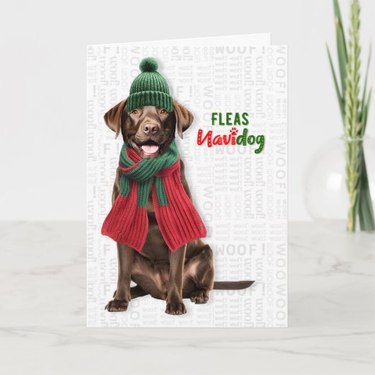 Chocolade Lab Hond Grappig Vlooien Navidog Kerstmi Feestdagen Kaart (Voorkant)