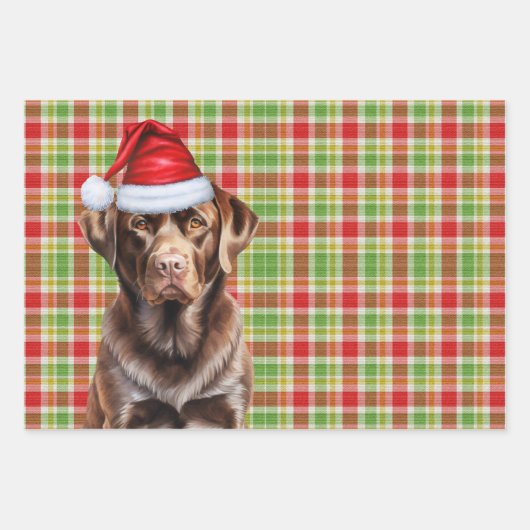Chocolade Lab Hond Rood en Groen Geplaagd Kerstmis Inpakpapier Vel (Voorkant 3)