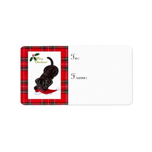 Chocolade Lab Puppy Christmas Gift Label Tartan (Voorkant)
