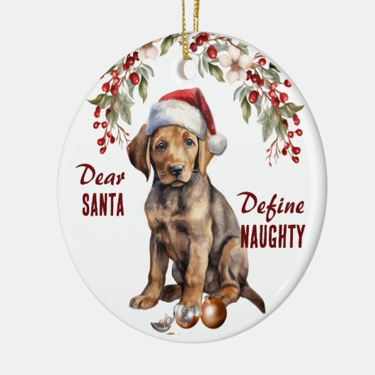 Chocolade Lab Puppy Definieer ondeugende Kerstmis Keramisch Ornament (Links)