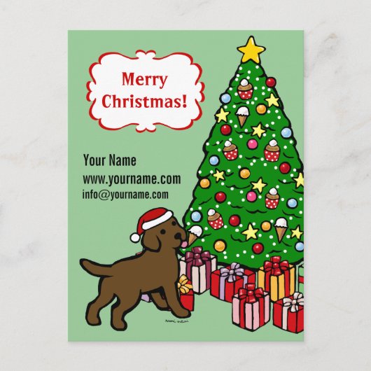 Chocolade Lab Puppy en kerstboom Feestdagenkaart (Voorkant)