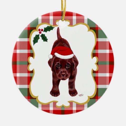 Chocolade Lab Puppy met Santa Hat 2 Keramisch Ornament (Voorkant)