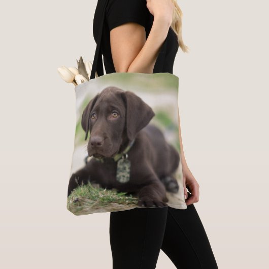 Chocolade Lab Puppy Tote Bag (Dichtbij)
