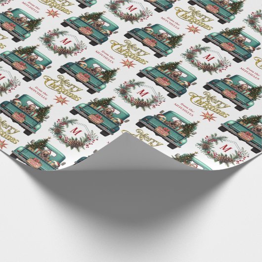 Chocolade Lab Retro Truck Monogram Kerst Cadeaupapier (Hoek)