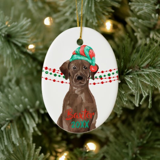 Chocolade Lab Santa Hat Holiday String Beads Keramisch Ornament (Boom)