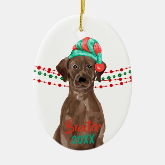 Chocolade Lab Santa Hat Holiday String Beads Keramisch Ornament (Voorkant)