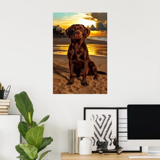 Chocolade Labrador bij zonsondergang Poster (Thuiskantoor)