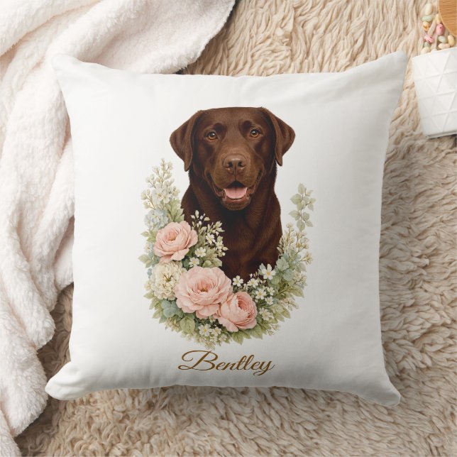 Chocolade Labrador Bloemportret Kussen (Deken)