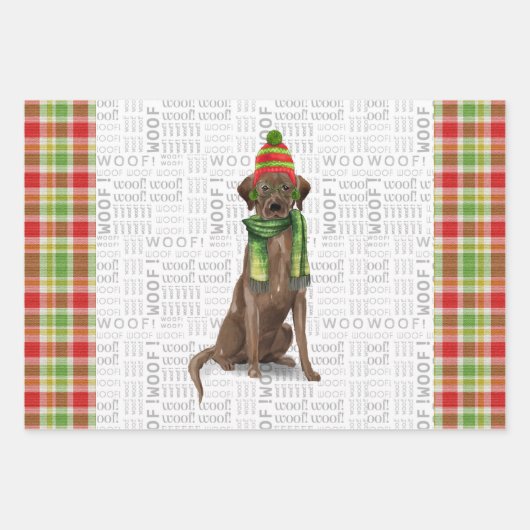 Chocolade Labrador Christmas Dog Plaid Inpakpapier Vel (Voorkant)