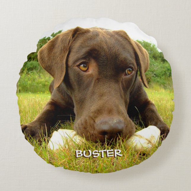 Chocolade Labrador Custom Rond Kussen (Voorkant)
