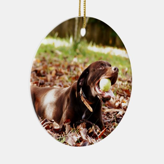 Chocolade Labrador die met een bal speelt Keramisch Ornament (Rechts)