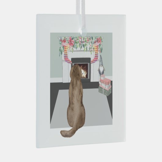 Chocolade Labrador Dog kerstFireplace Scene Glas Ornament (Voorkant Rechts)