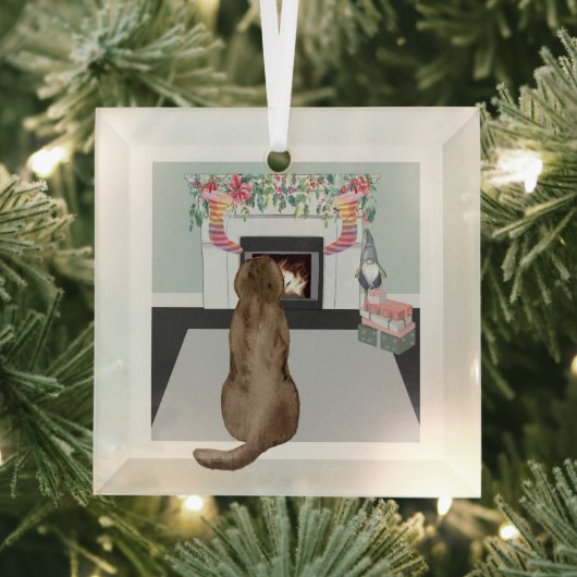 Chocolade Labrador Dog kerstFireplace Scene Glas Ornament (Insitu)