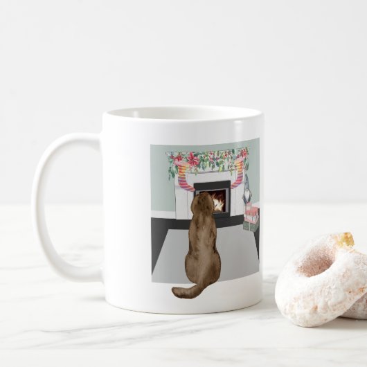 Chocolade Labrador Dog kerstFireplace Scene Koffiemok (Met donut)