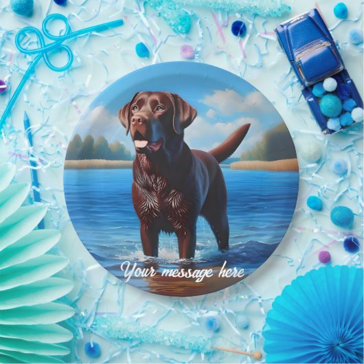 Chocolade Labrador en Blue Lake Papieren Bordje (Feest)