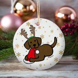 Chocolade Labrador en kerstkerstkerstCartoon Keramisch Ornament